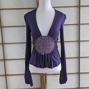 Ingwa Melero Purple Plunge Top with Bishop Sleeves Crochet Insert XS